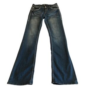 Cello Jeans Womens 9 29x35 Dark Wash Bootcut Rhinestone Flap Pocket Y2K *BUTTON*